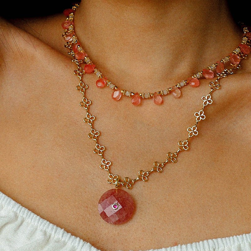 Sunset Dewdrop Necklace | Watermelon Quartz & Moonstone Fringe - floysun
