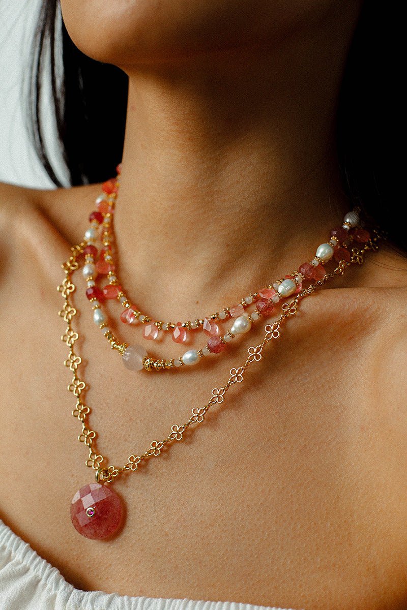 Sunset Dewdrop Necklace | Watermelon Quartz & Moonstone Fringe - floysun
