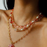 Sunset Dewdrop Necklace | Watermelon Quartz & Moonstone Fringe - floysun