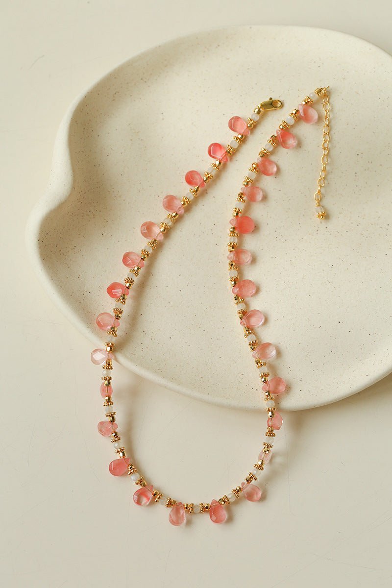 Sunset Dewdrop Necklace | Watermelon Quartz & Moonstone Fringe - floysun