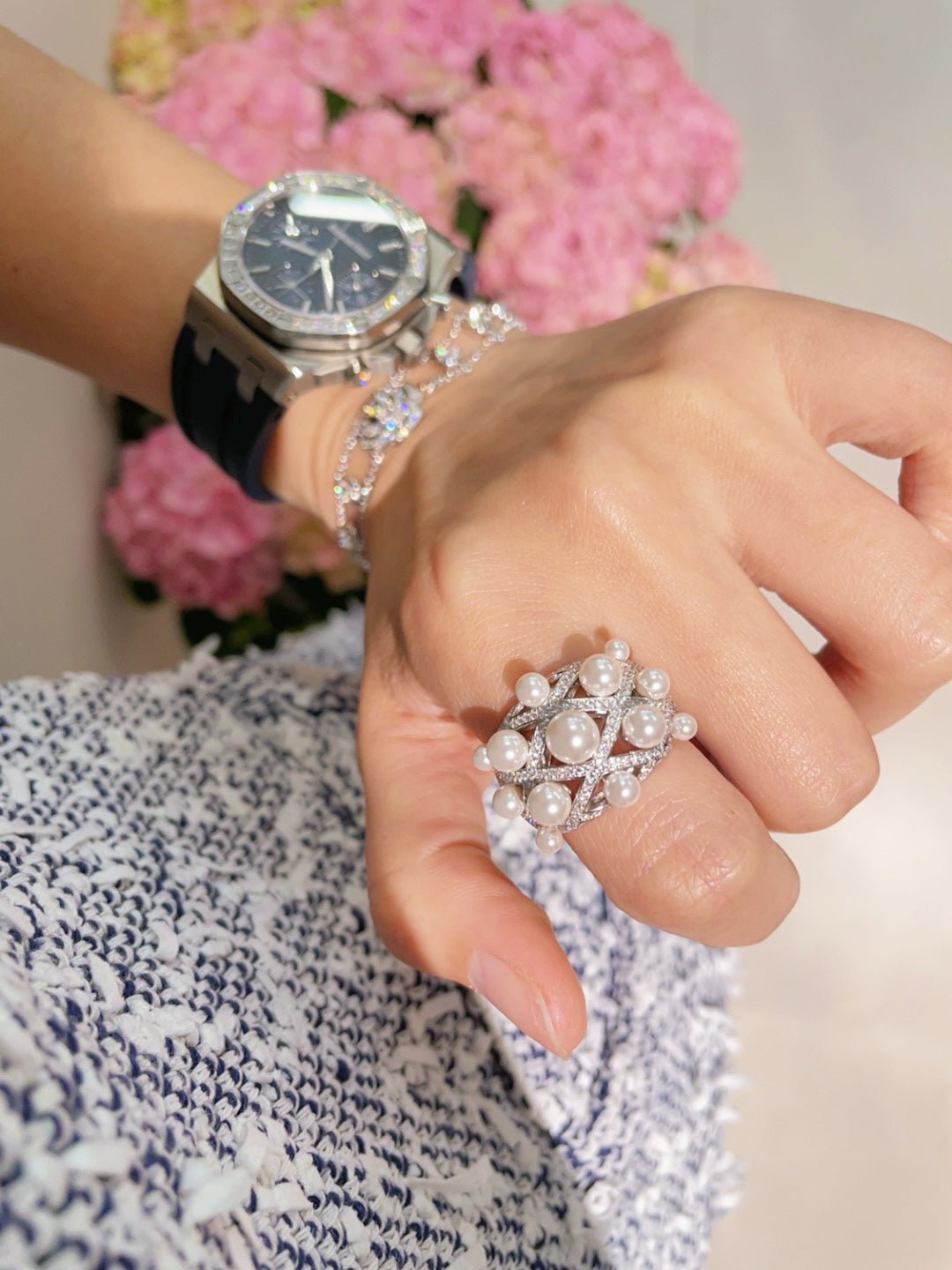Swarovski Pearl Statement Ring Quilted Hollow Design - floysun