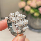 Swarovski Pearl Statement Ring Quilted Hollow Design - floysun