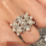 Swarovski Pearl Statement Ring Quilted Hollow Design - floysun