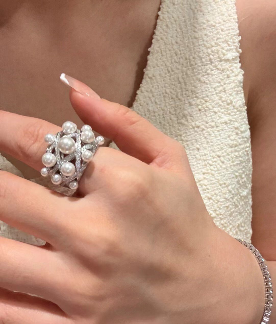 Swarovski Pearl Statement Ring Quilted Hollow Design - floysun