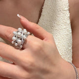 Swarovski Pearl Statement Ring Quilted Hollow Design - floysun