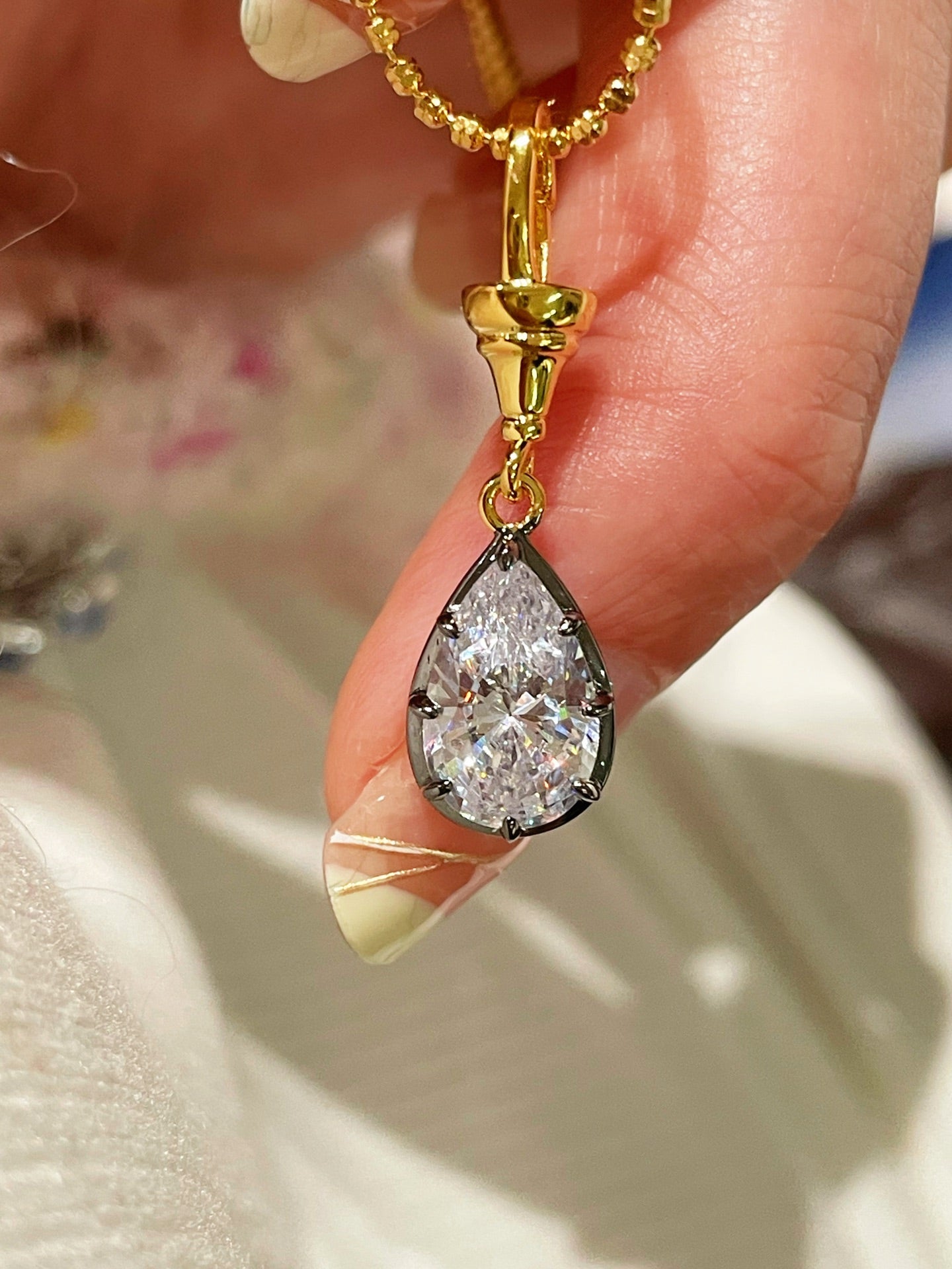 T - Bar Lab - Grown Diamond Necklace in Black & Gold - Teardrop Pendant - floysun