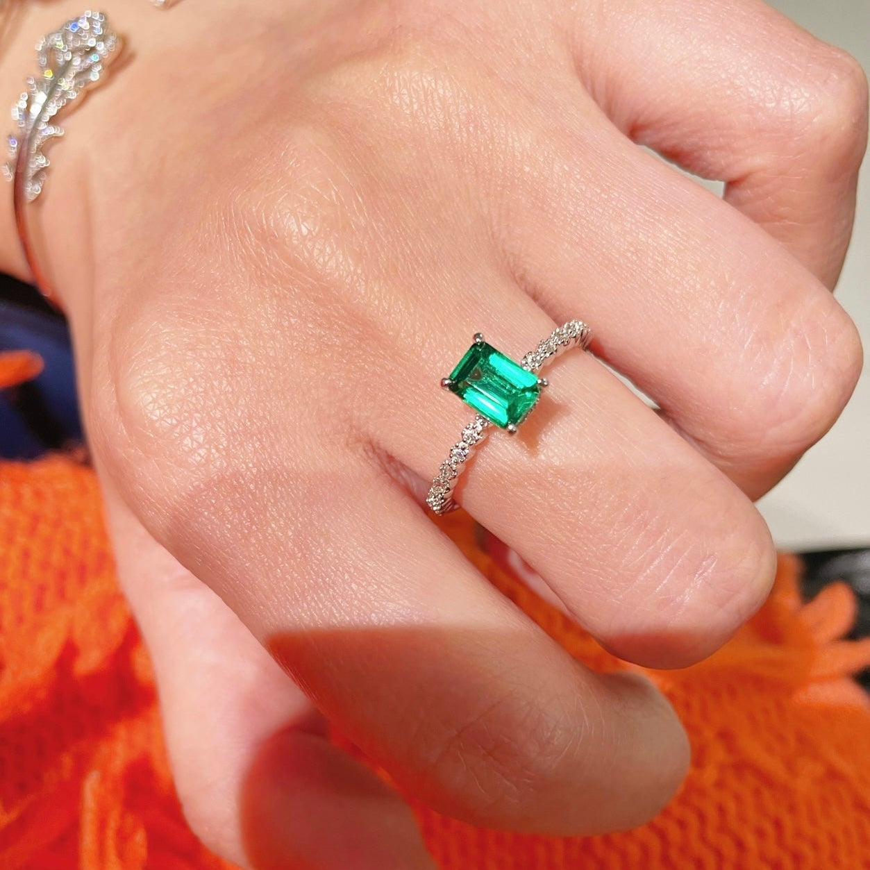 T - Cut Emerald Sugar Cube Solitaire Ring - floysun