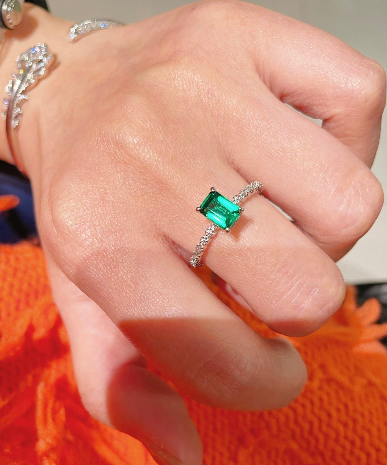 T - Cut Emerald Sugar Cube Solitaire Ring - floysun