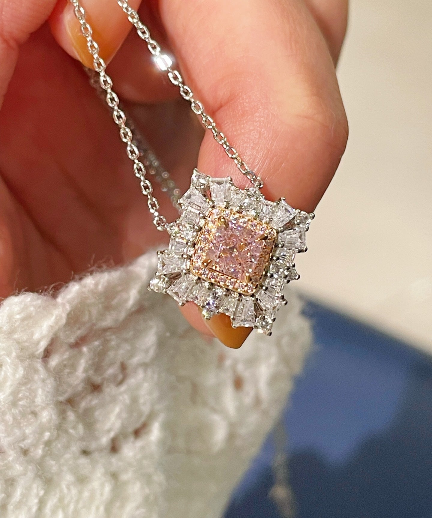 T - Shape Irregular Ice Crystal & Pink Diamond Pendant Necklace - floysun