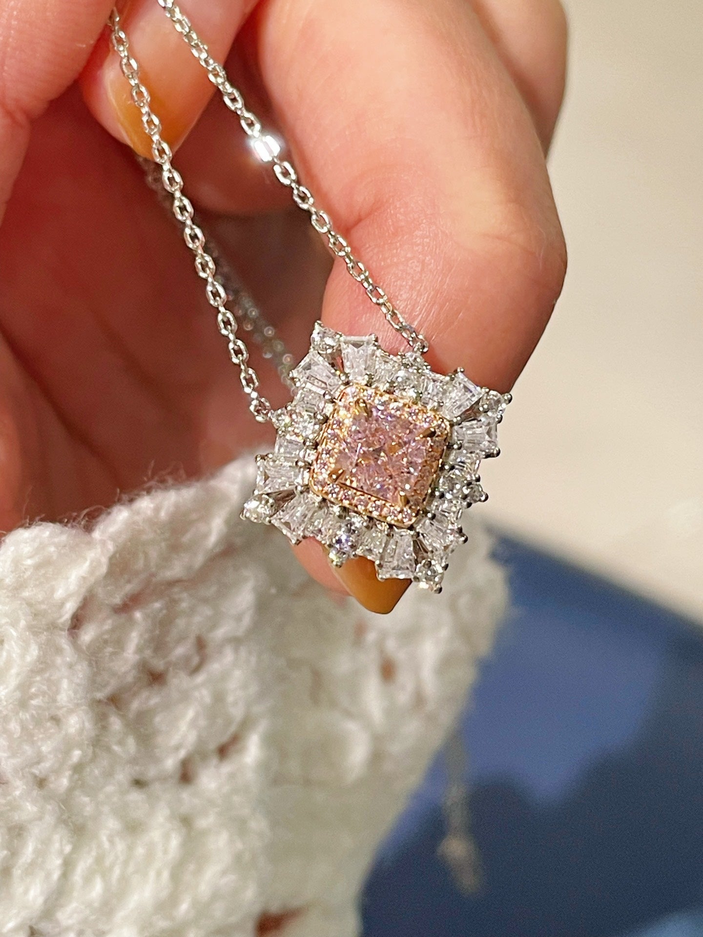 T - Shape Irregular Ice Crystal & Pink Diamond Pendant Necklace - floysun