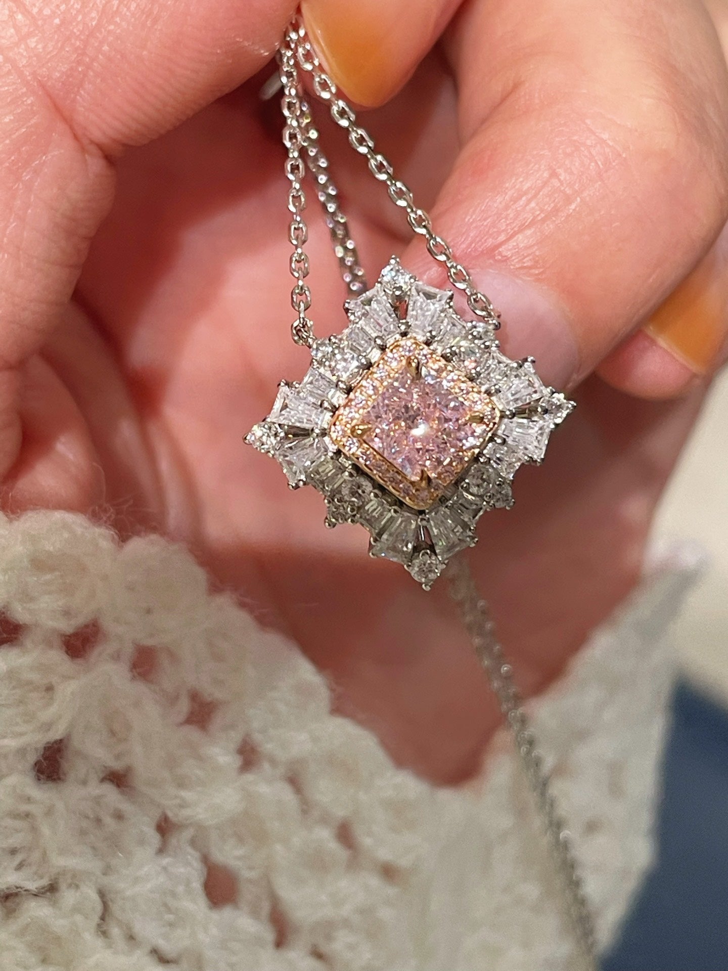 T - Shape Irregular Ice Crystal & Pink Diamond Pendant Necklace - floysun