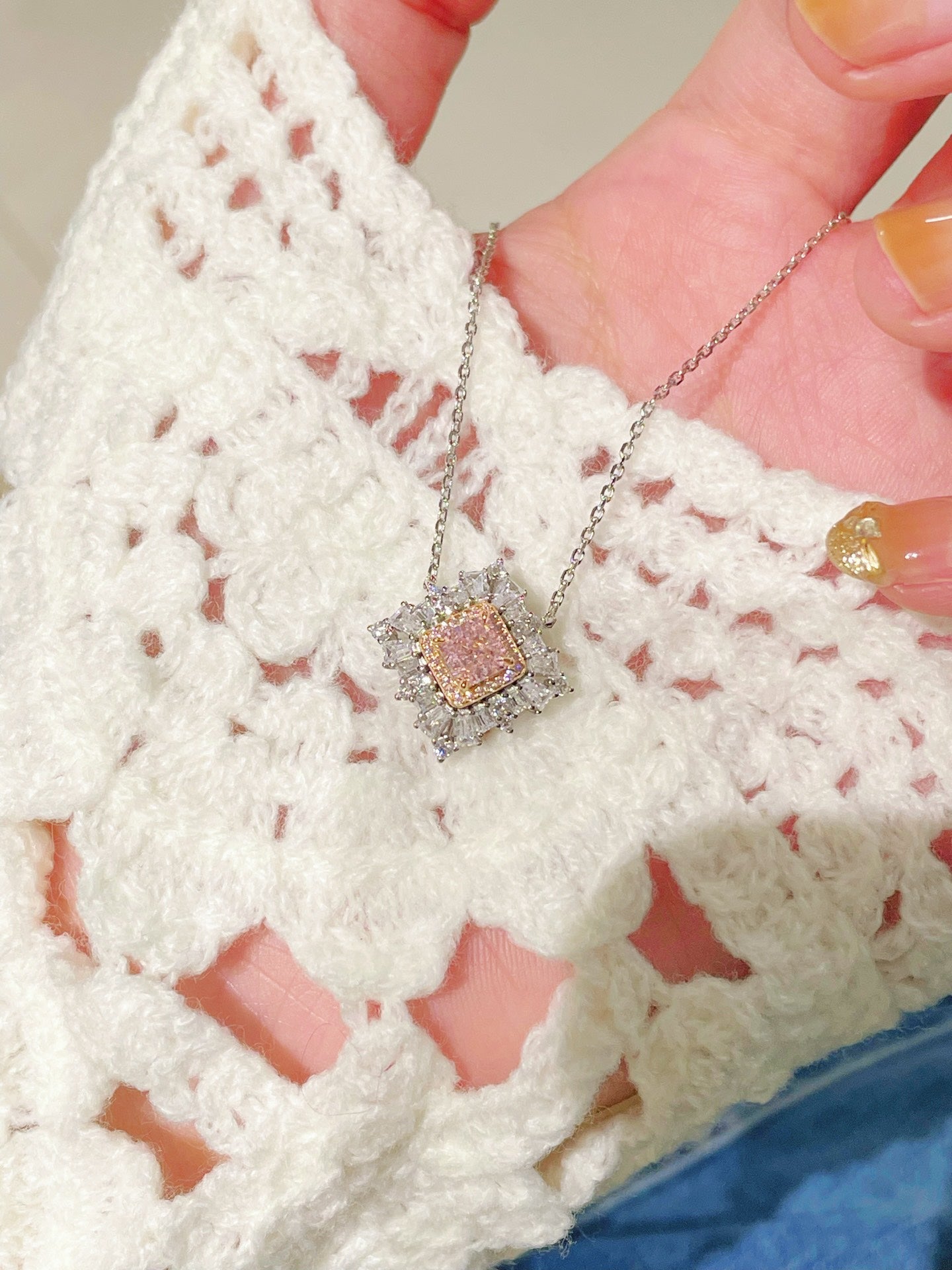 T - Shape Irregular Ice Crystal & Pink Diamond Pendant Necklace - floysun