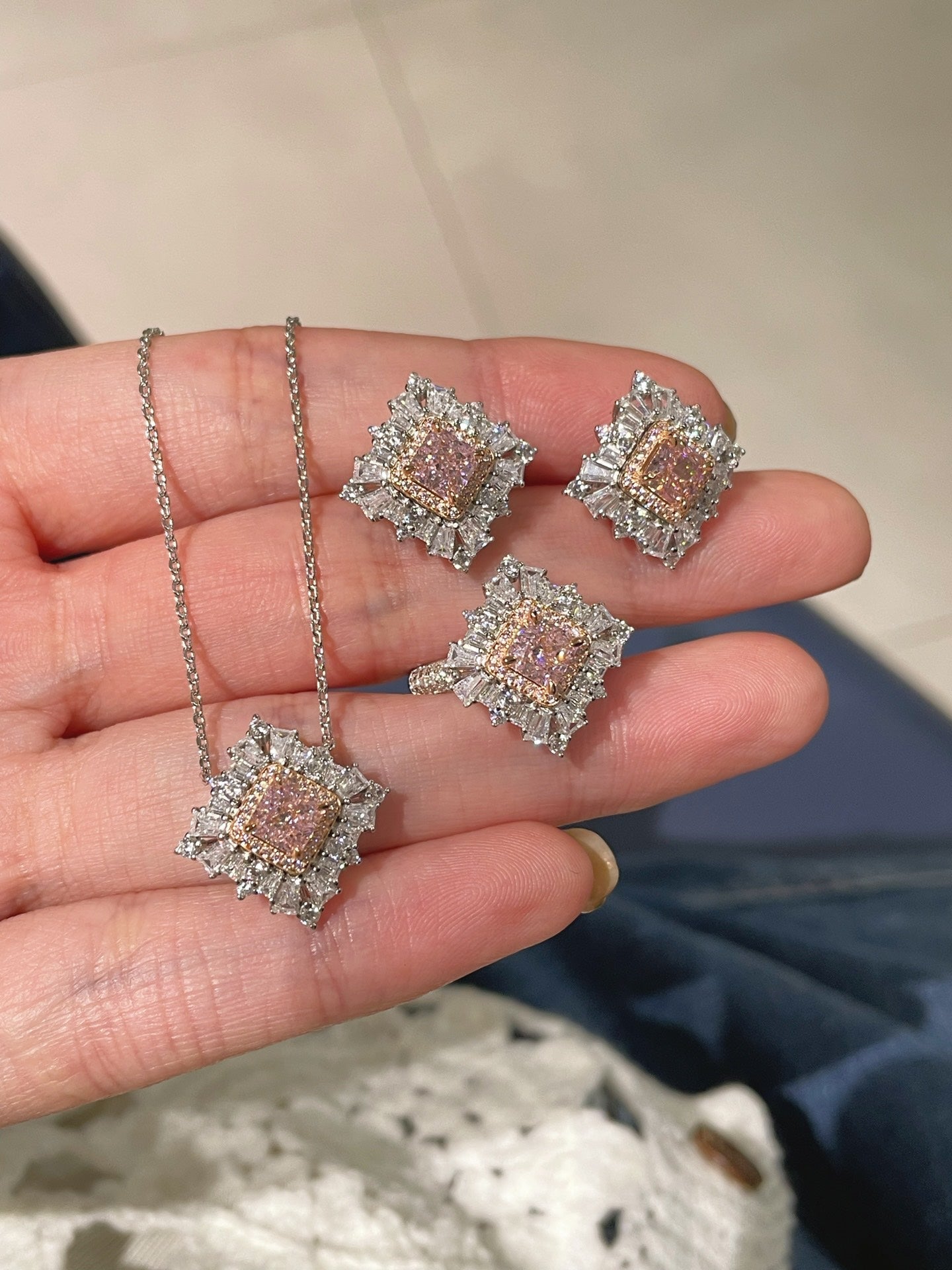T - Shape Irregular Ice Crystal & Pink Diamond Pendant Necklace - floysun