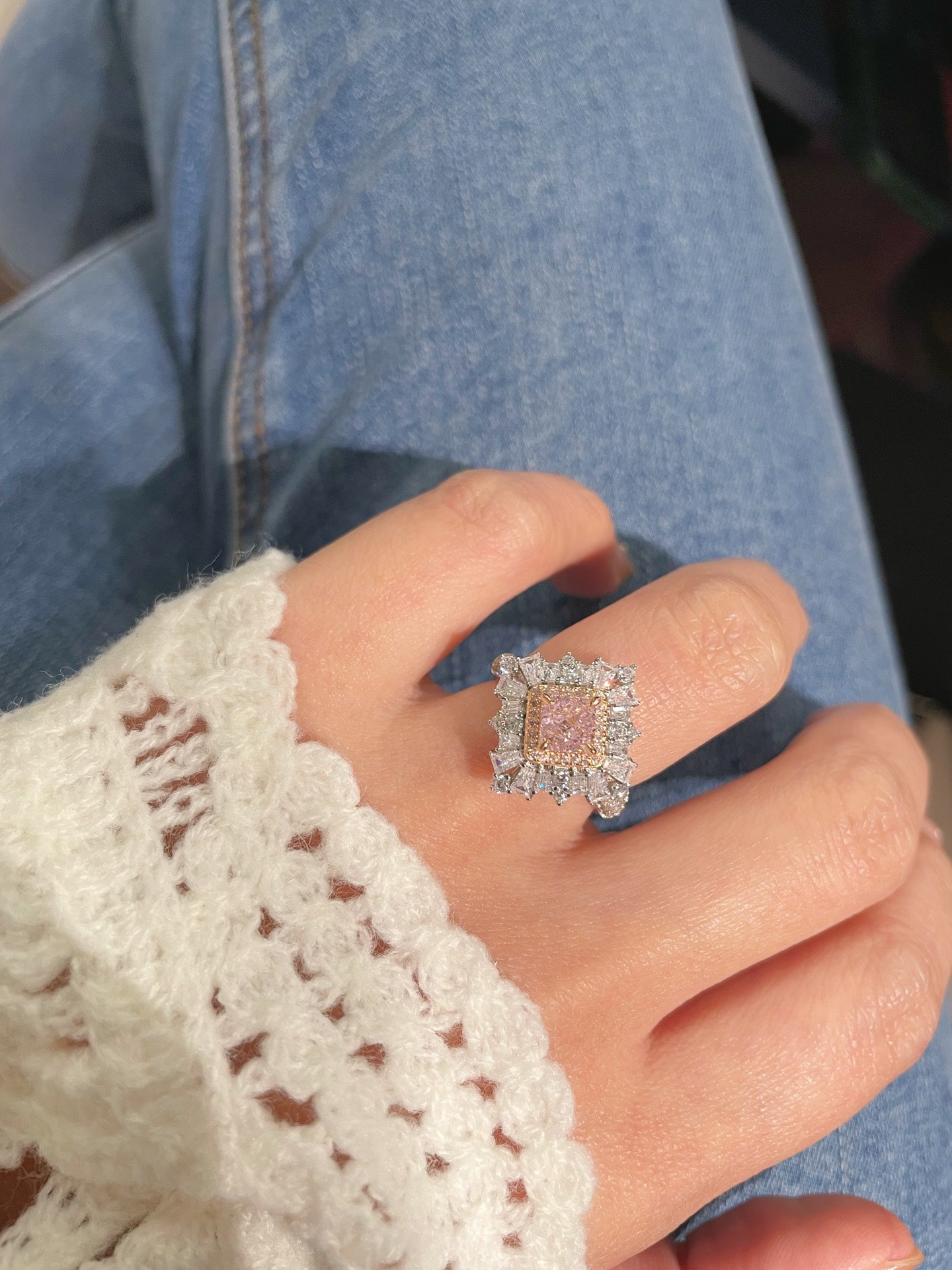 T - Shape Irregular Ice Crystal & Pink Diamond Ring - floysun