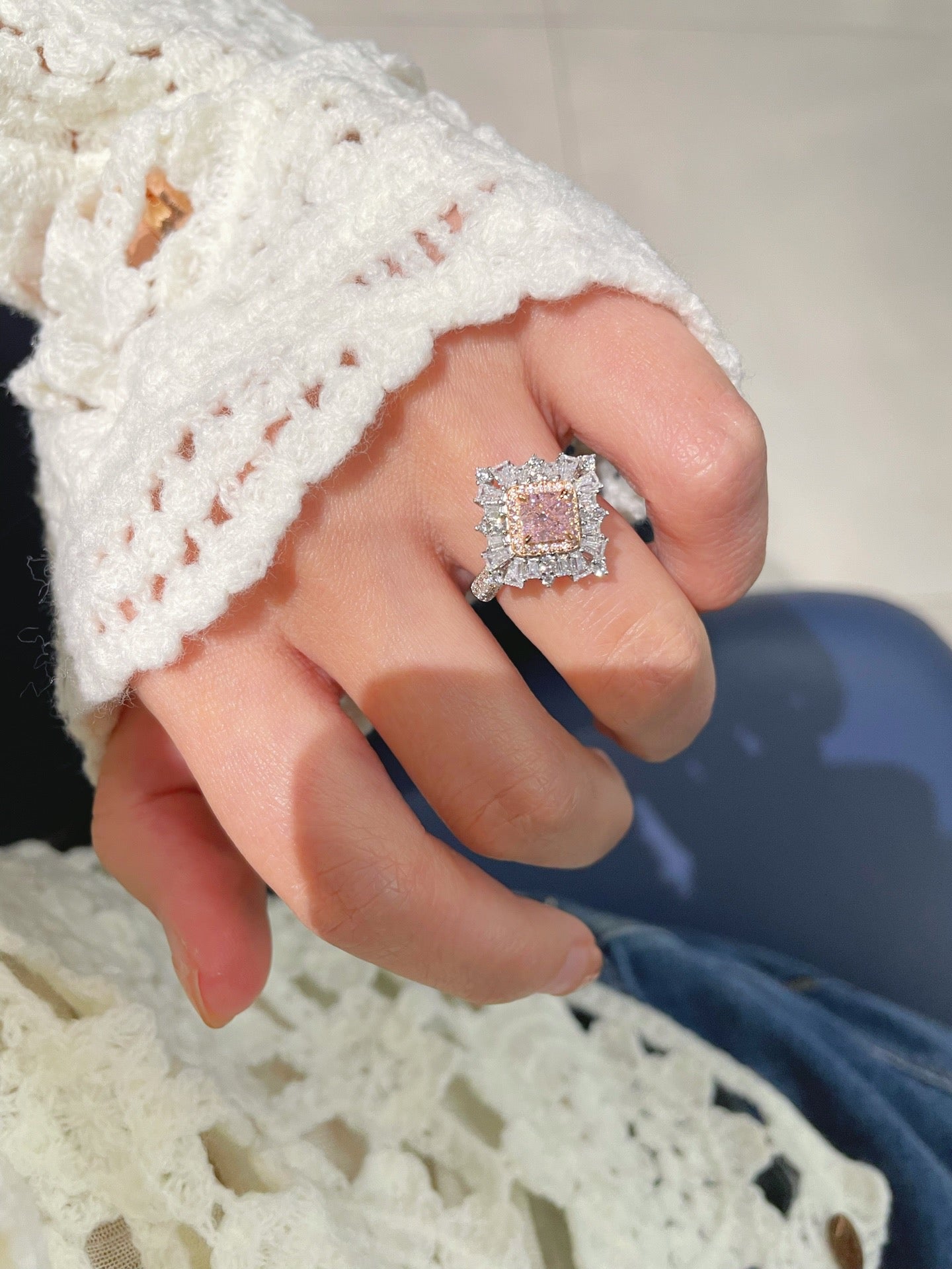 T - Shape Irregular Ice Crystal & Pink Diamond Ring - floysun