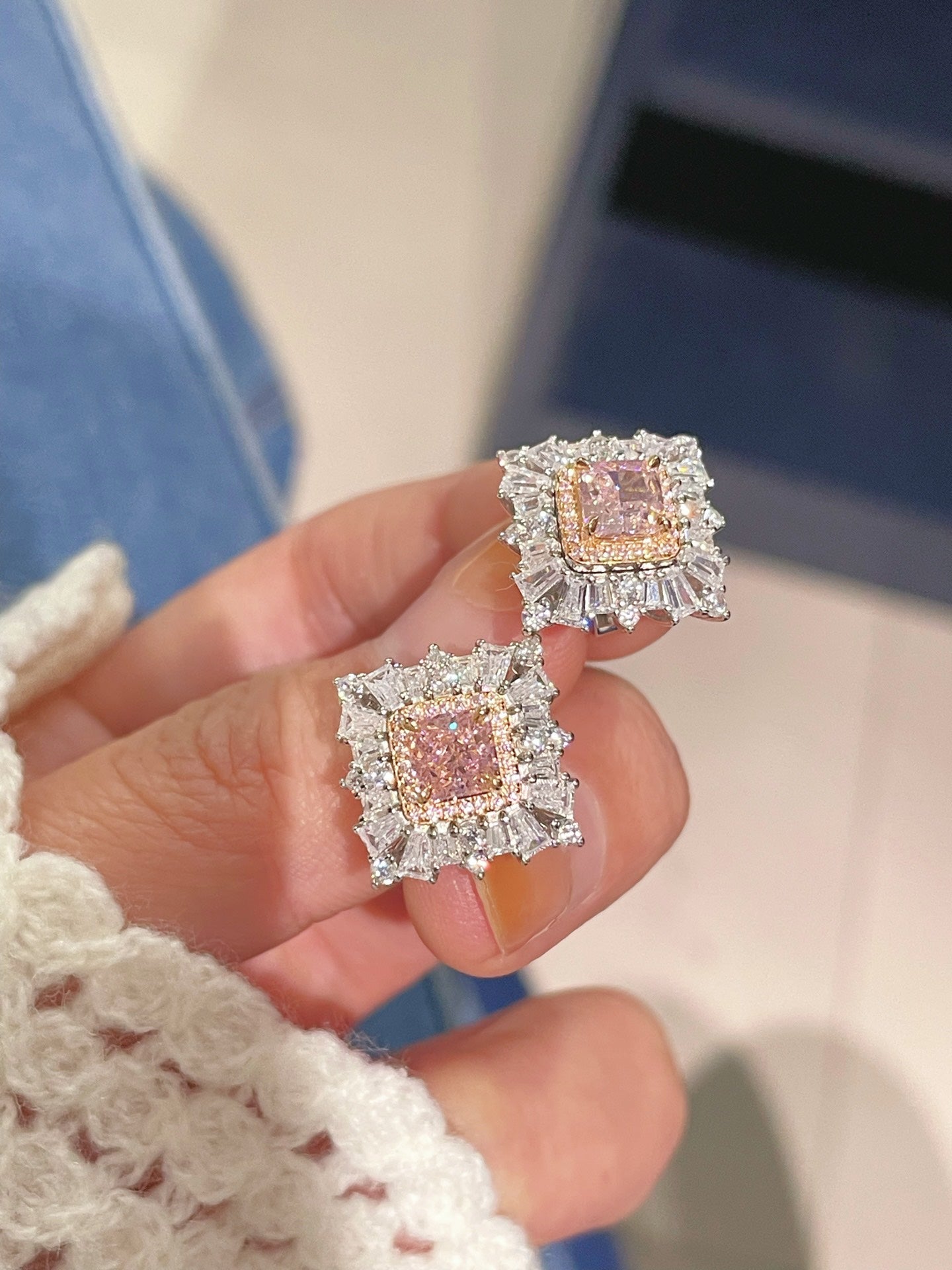 T - Shape Irregular Ice Crystal & Pink Diamond Stud Earrings - floysun