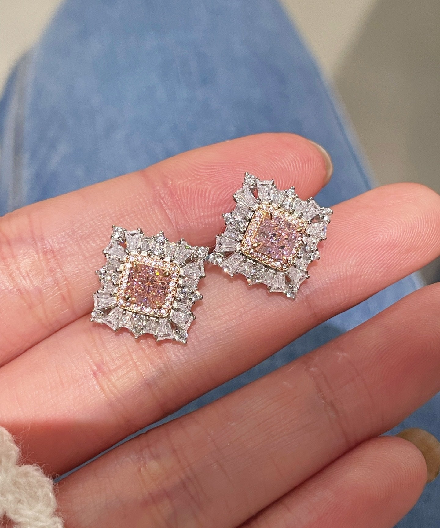 T - Shape Irregular Ice Crystal & Pink Diamond Stud Earrings - floysun