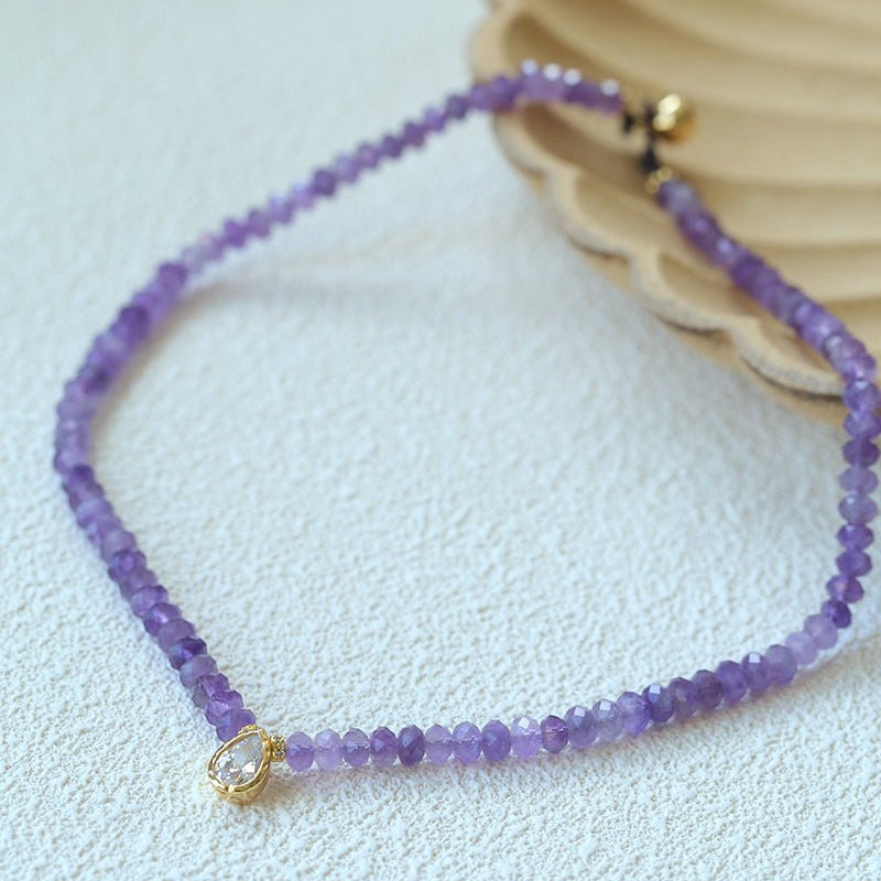Teardrop Grace Necklace – Amethyst Beads with Zircon Drop - floysun