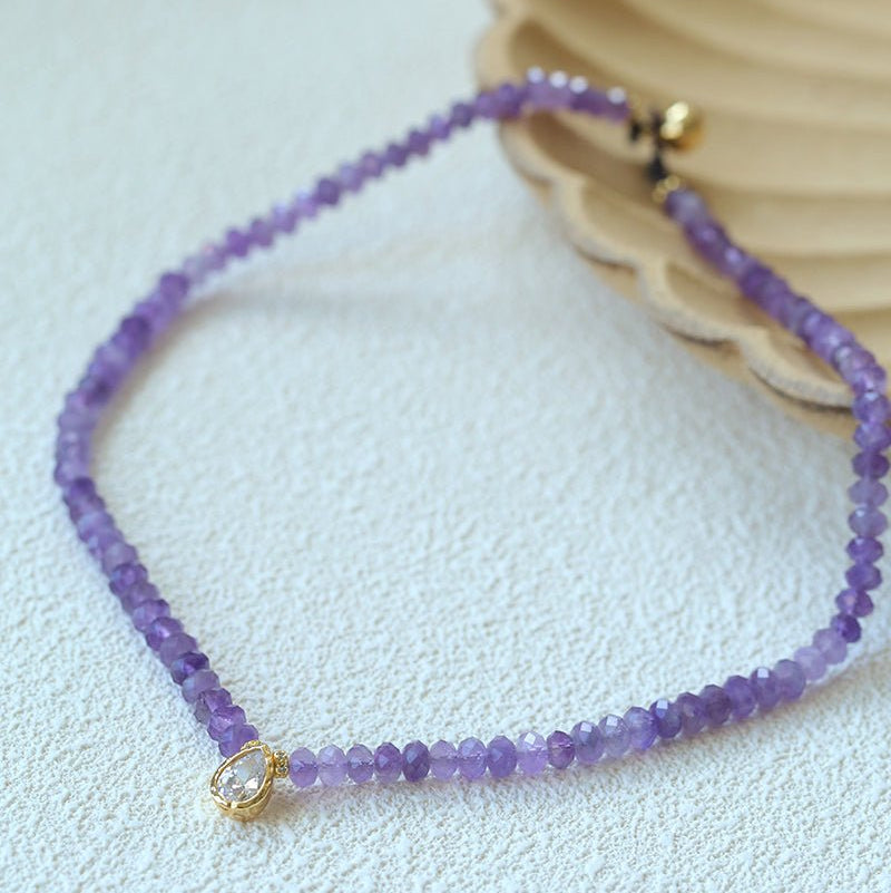 Teardrop Grace Necklace – Amethyst Beads with Zircon Drop - floysun