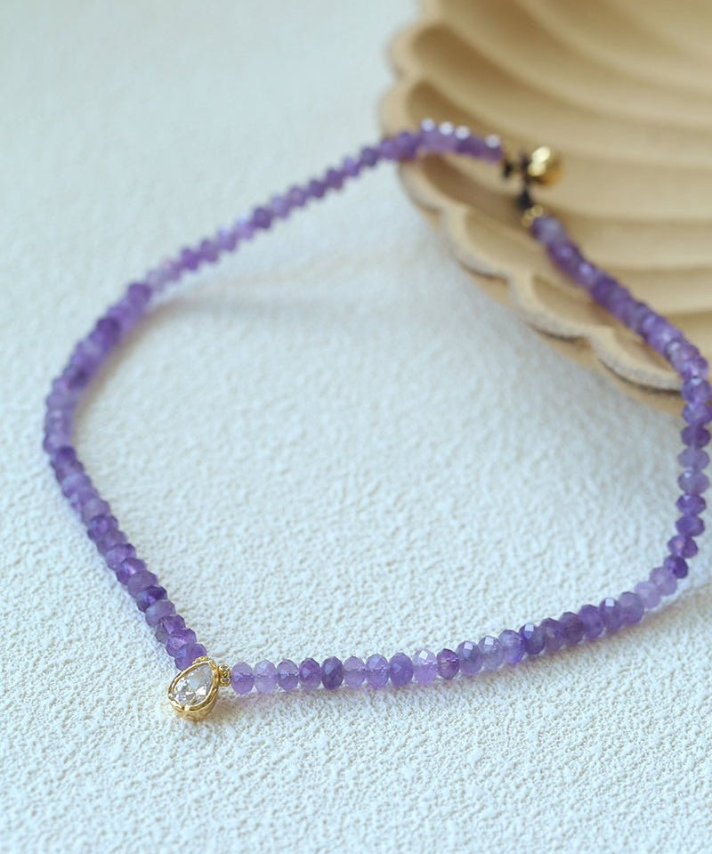 Teardrop Grace Necklace – Amethyst Beads with Zircon Drop - floysun