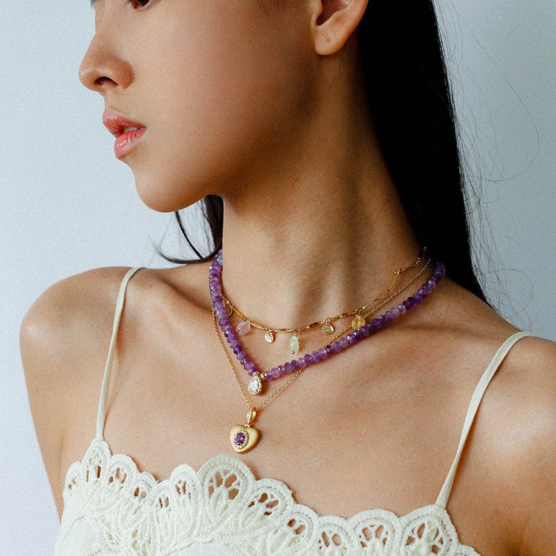 Teardrop Grace Necklace – Amethyst Beads with Zircon Drop - floysun