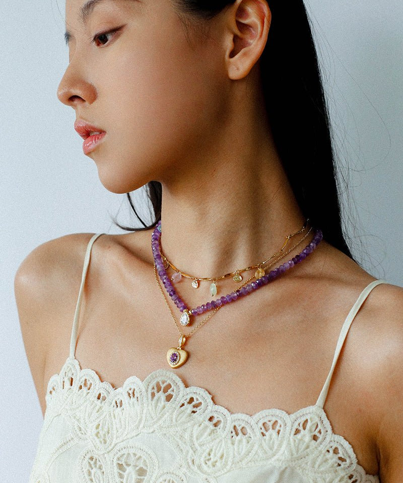 Teardrop Grace Necklace – Amethyst Beads with Zircon Drop - floysun