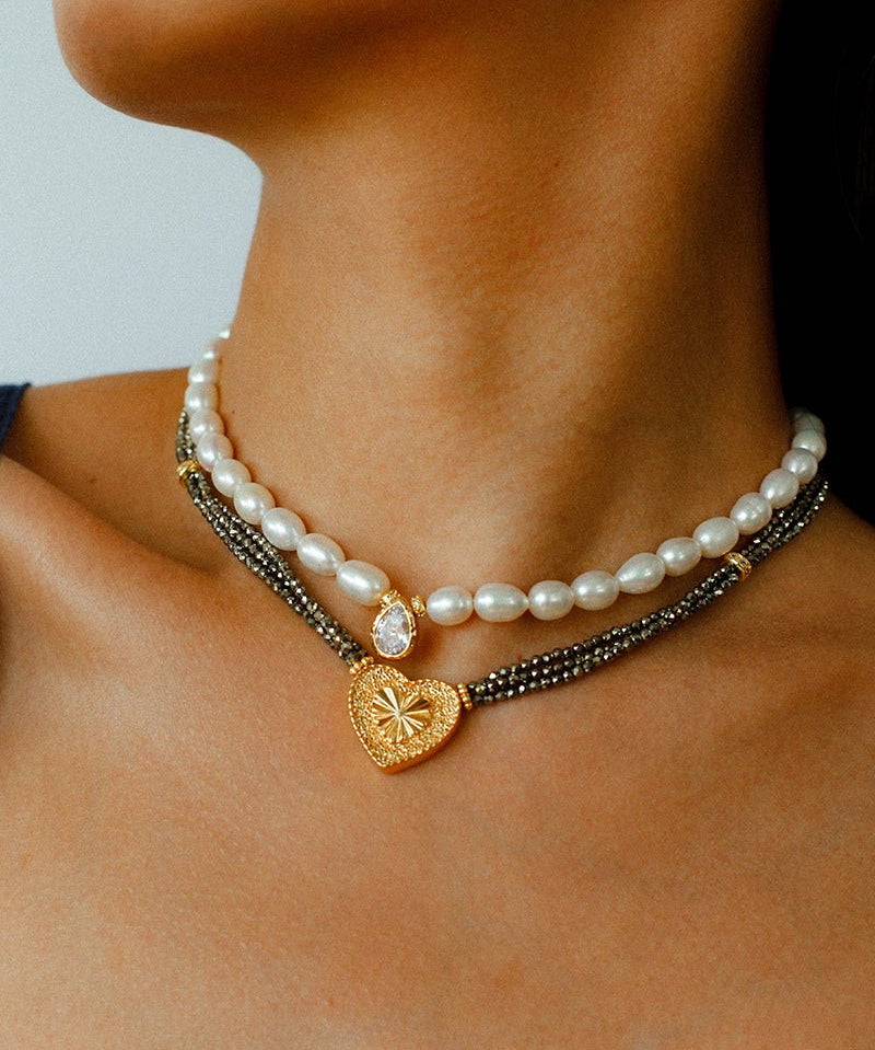 Teardrop Grace Necklace – Pearl Beads with Zircon Drop - floysun