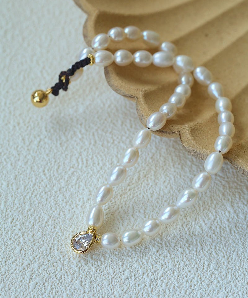 Teardrop Grace Necklace – Pearl Beads with Zircon Drop - floysun