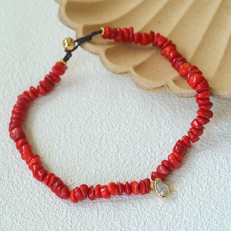Teardrop Grace Necklace – Red Organic Beads with Zircon Drop - floysun