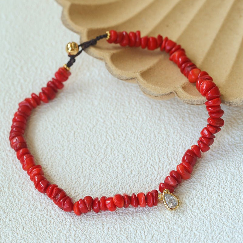 Teardrop Grace Necklace – Red Organic Beads with Zircon Drop - floysun
