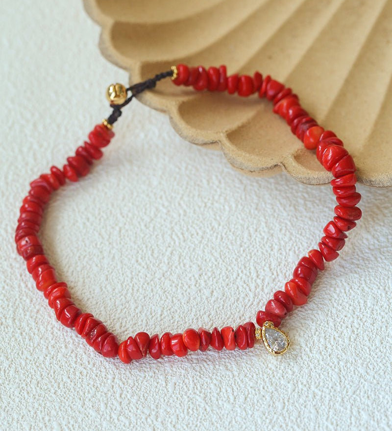 Teardrop Grace Necklace – Red Organic Beads with Zircon Drop - floysun