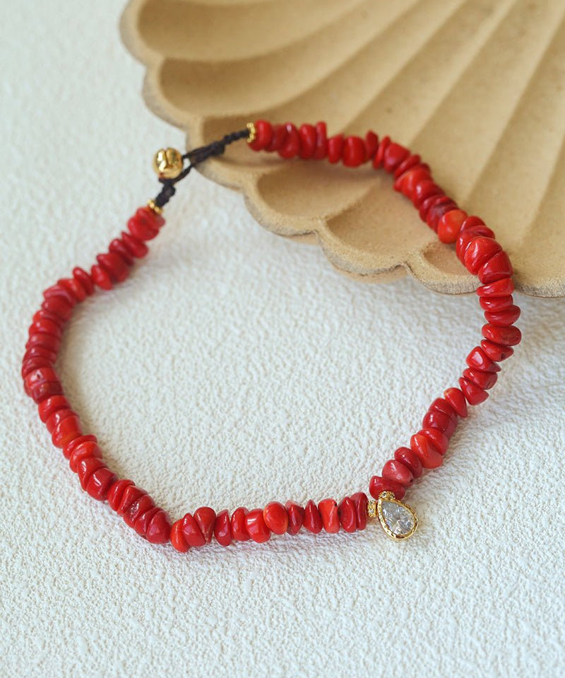 Teardrop Grace Necklace – Red Organic Beads with Zircon Drop - floysun