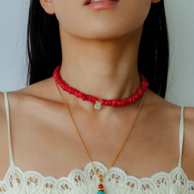Teardrop Grace Necklace – Red Organic Beads with Zircon Drop - floysun