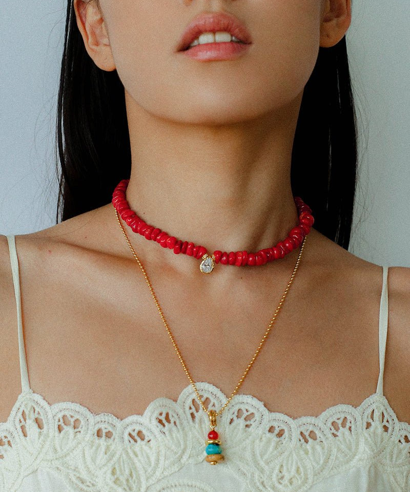 Teardrop Grace Necklace – Red Organic Beads with Zircon Drop - floysun