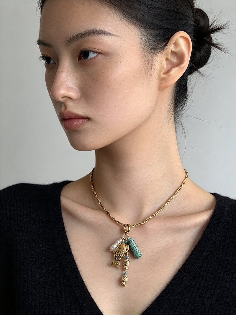 Textured Gold Chain Necklaces & Pearl Charms - floysun