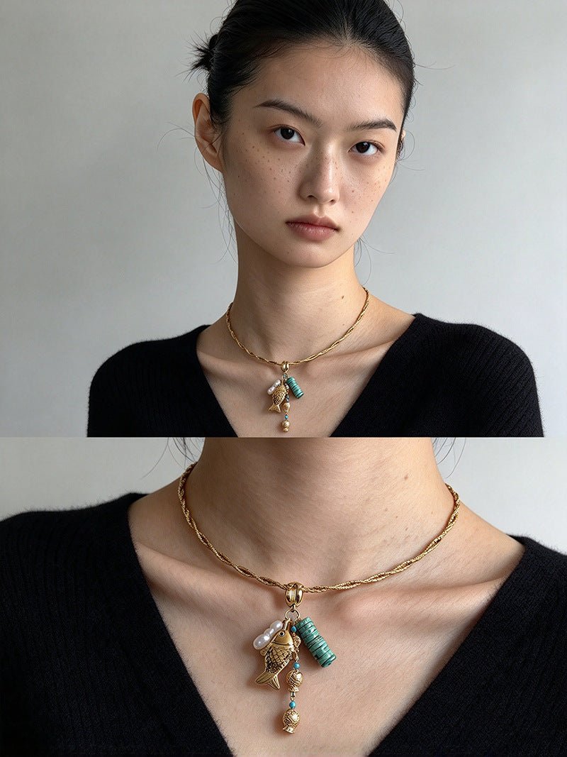 Textured Gold Chain Necklaces & Pearl Charms - floysun