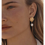 Textured Lava Crinkle Metal Clear Oval Glass & Pearl Dangle Earrings - floysun