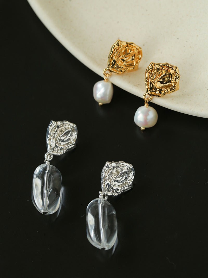 Textured Lava Crinkle Metal Clear Oval Glass & Pearl Dangle Earrings - floysun