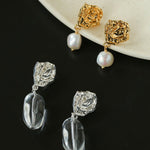 Textured Lava Crinkle Metal Clear Oval Glass & Pearl Dangle Earrings - floysun