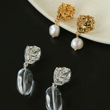 Textured Lava Crinkle Metal Clear Oval Glass & Pearl Dangle Earrings - floysun