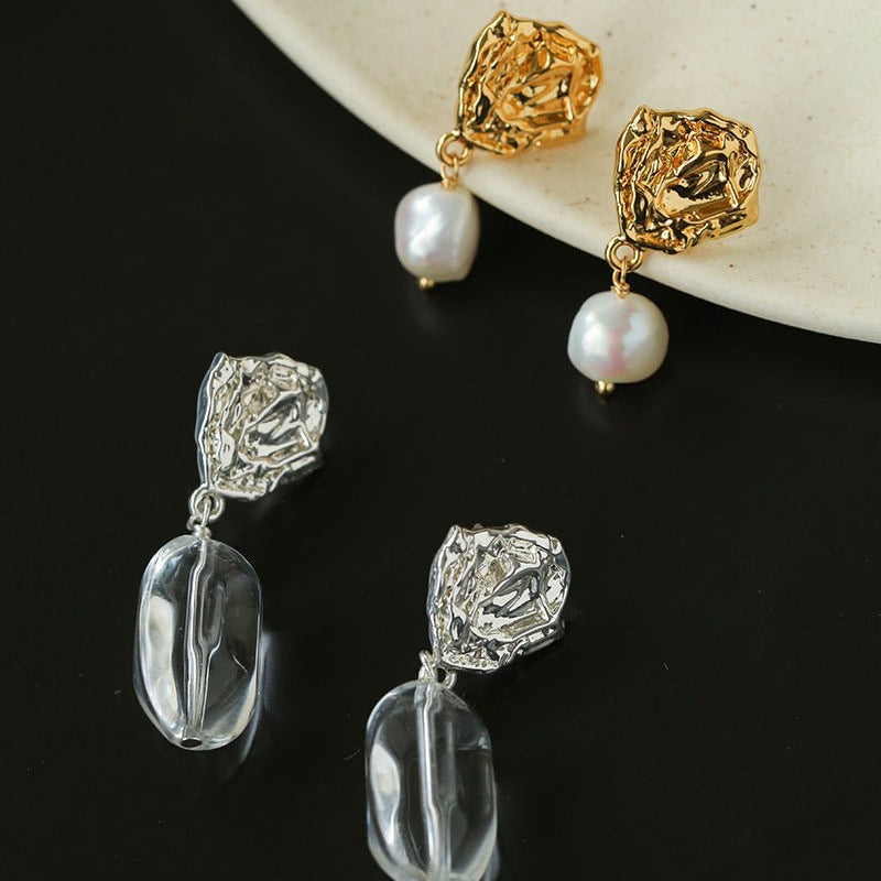 Textured Lava Crinkle Metal Clear Oval Glass & Pearl Dangle Earrings - floysun