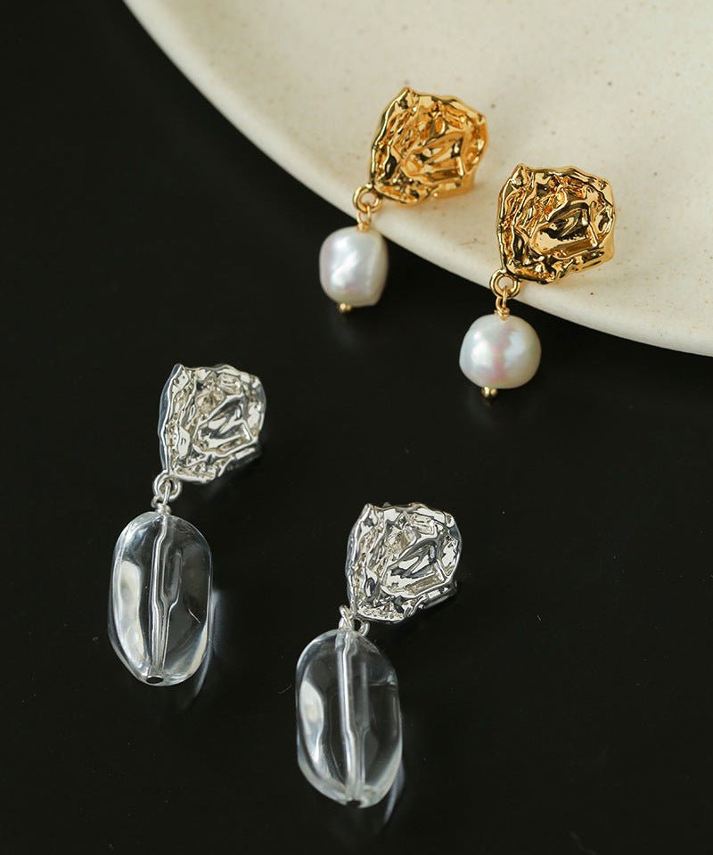 Textured Lava Crinkle Metal Clear Oval Glass & Pearl Dangle Earrings - floysun