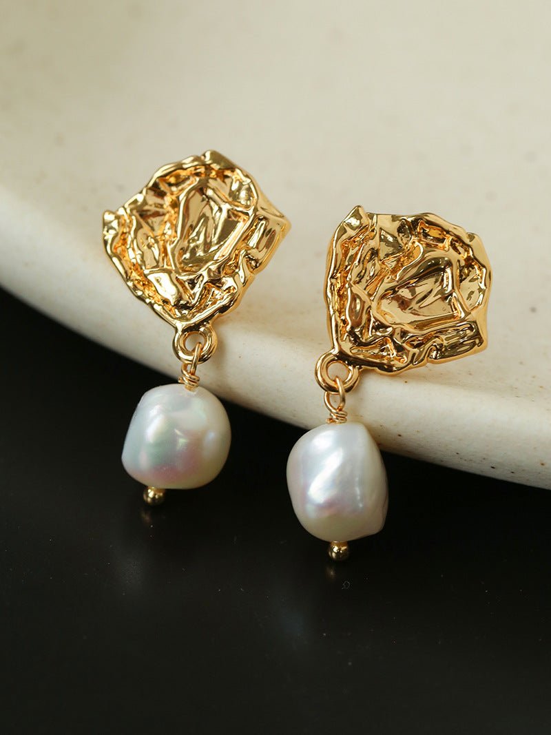 Textured Lava Crinkle Metal Clear Oval Glass & Pearl Dangle Earrings - floysun