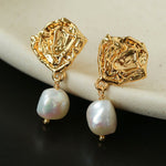 Textured Lava Crinkle Metal Clear Oval Glass & Pearl Dangle Earrings - floysun