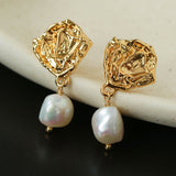 Textured Lava Crinkle Metal Clear Oval Glass & Pearl Dangle Earrings - floysun