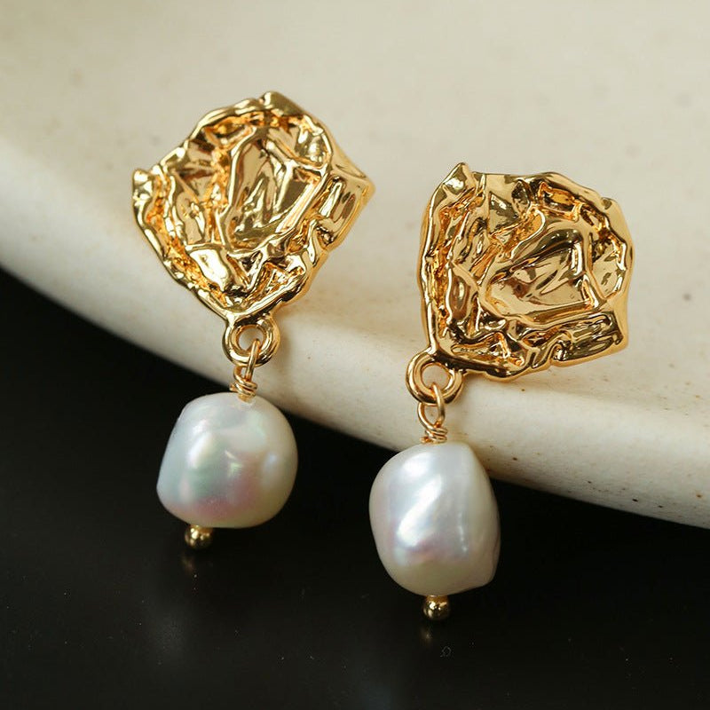 Textured Lava Crinkle Metal Clear Oval Glass & Pearl Dangle Earrings - floysun