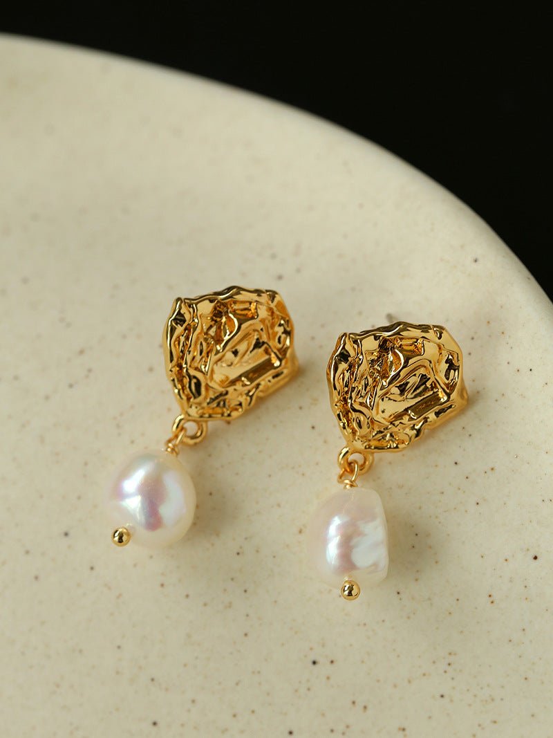 Textured Lava Crinkle Metal Clear Oval Glass & Pearl Dangle Earrings - floysun