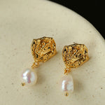 Textured Lava Crinkle Metal Clear Oval Glass & Pearl Dangle Earrings - floysun