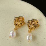Textured Lava Crinkle Metal Clear Oval Glass & Pearl Dangle Earrings - floysun