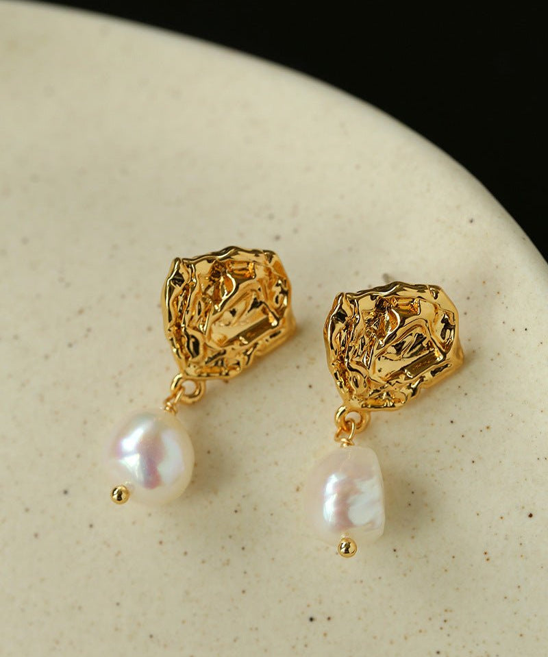 Textured Lava Crinkle Metal Clear Oval Glass & Pearl Dangle Earrings - floysun